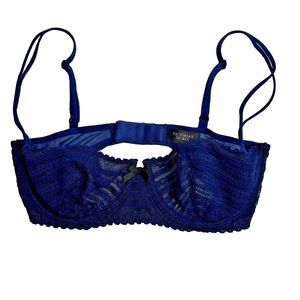 Victoria's Secret Balconete Bra 32D NavyBlue Lace Underwire Unpadded Ruffle Edge